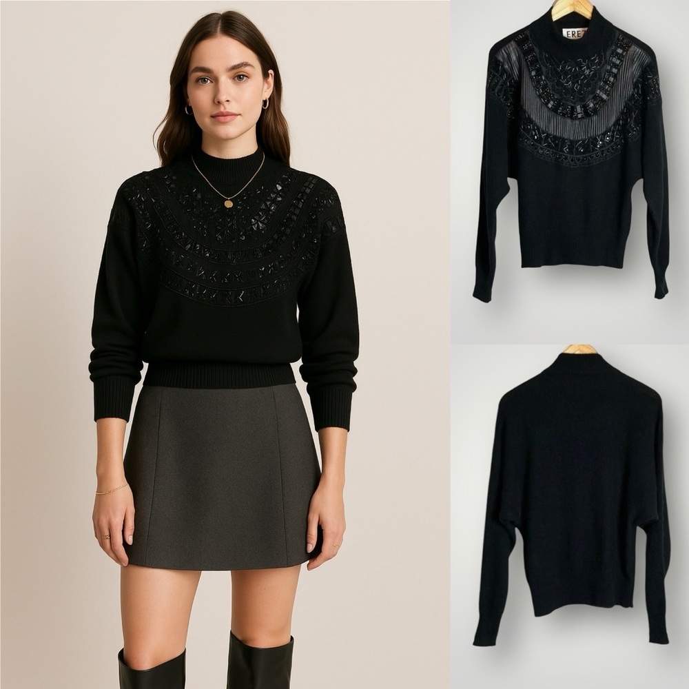 EREZ | Embellished Sweater Leather Lambswool Angora Rabbit Hair Blend Vintage